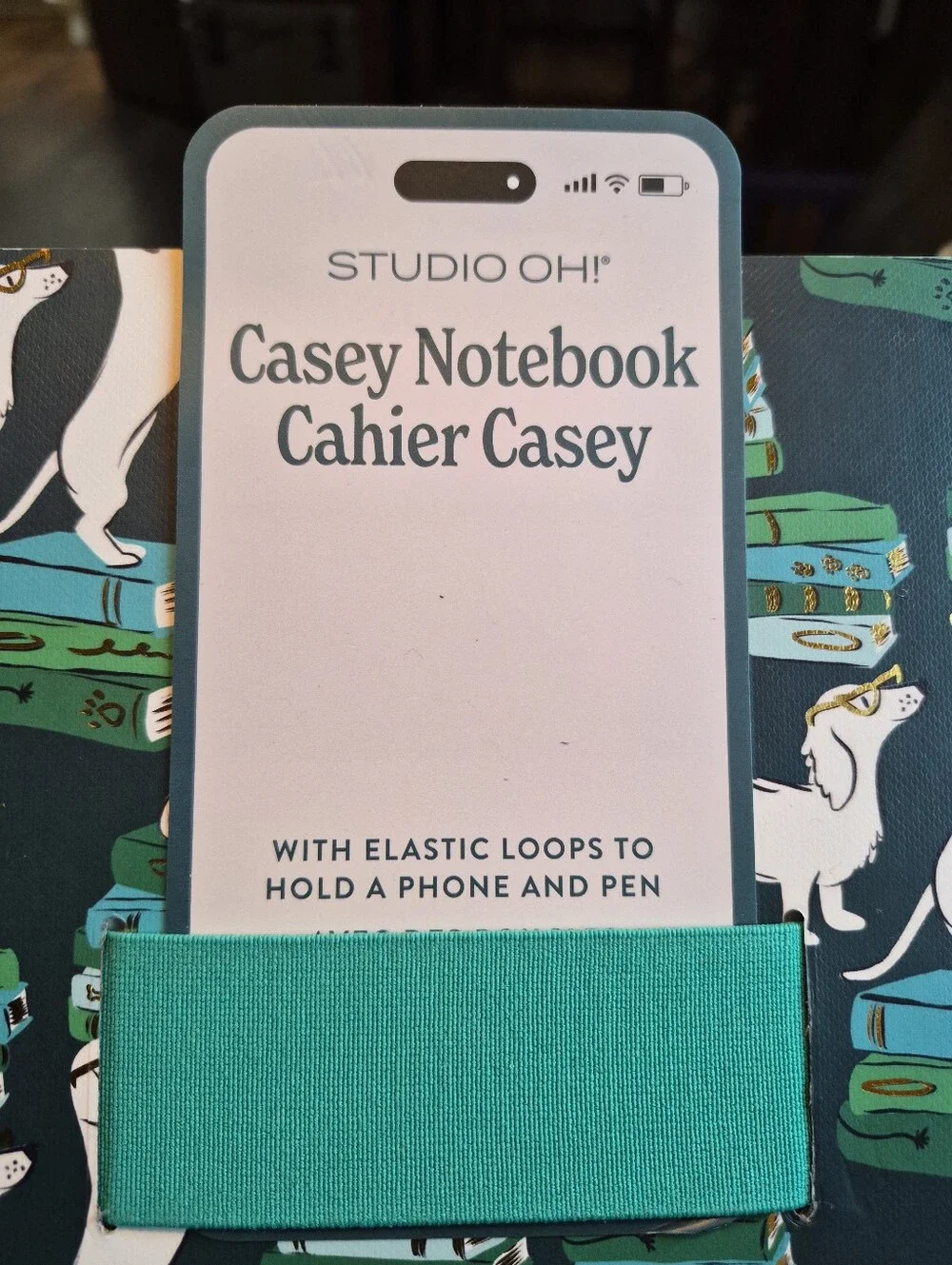 Studio Oh! Casey Notebook — Teal Elastic with Navy & Teal Dachshund Print.